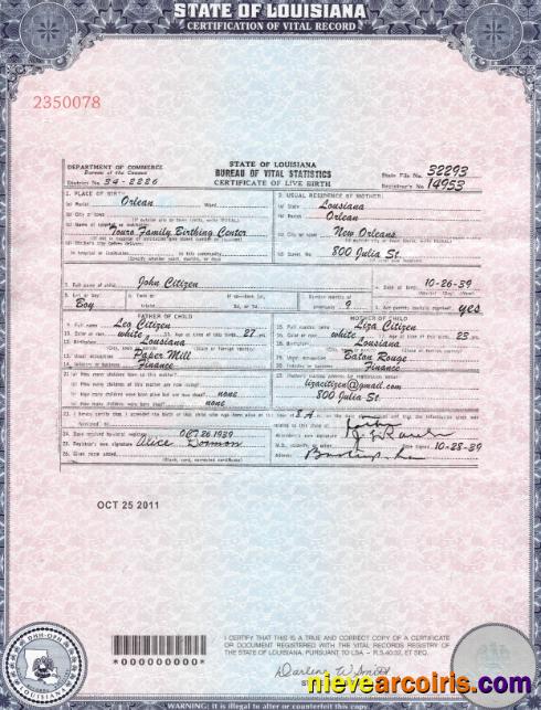 USA Louisiana birth certificate